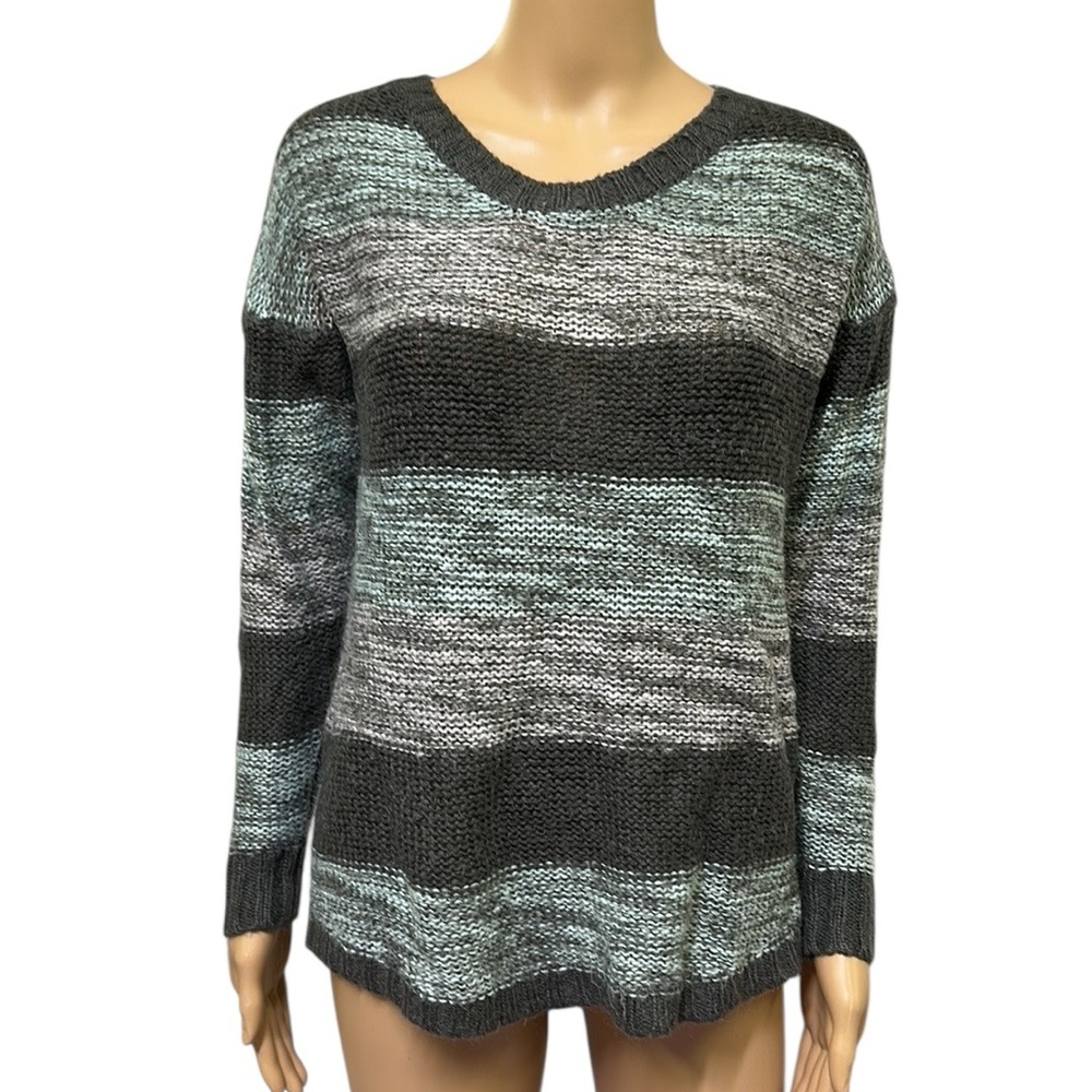 I.N. Studio Gray Knit Button Back Striped Tunic Sweater Womens Petite Medium